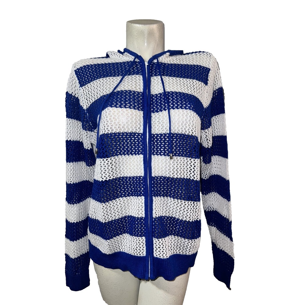 Quacker Factory Blue White Striped Open Knit Zip Up Hoodie Sweater Size L Large